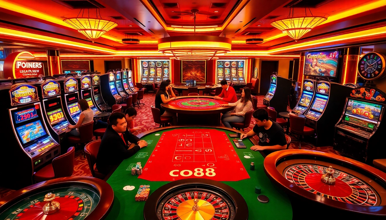 Players enjoying high-stakes games at the co88 casino, showcasing vibrant slot machines and tables.