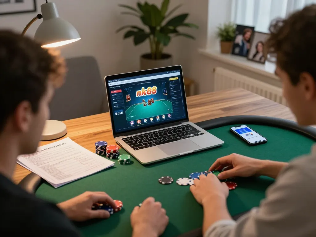 Players strategizing on nk88 during home poker session with laptop and notes visible
