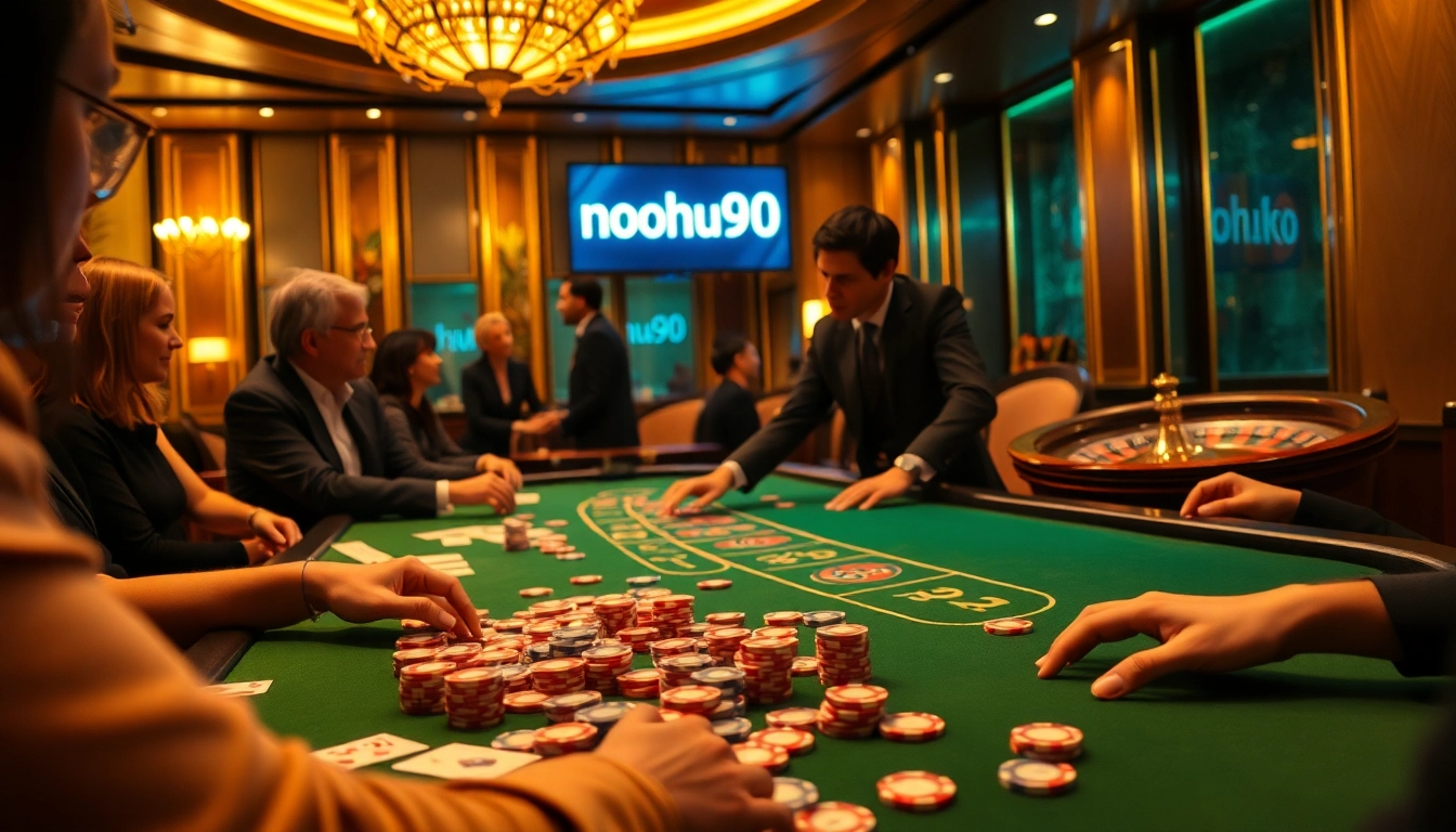 Players engaging at the poker table featuring nohu90 branding, surrounded by luxurious casino elements.