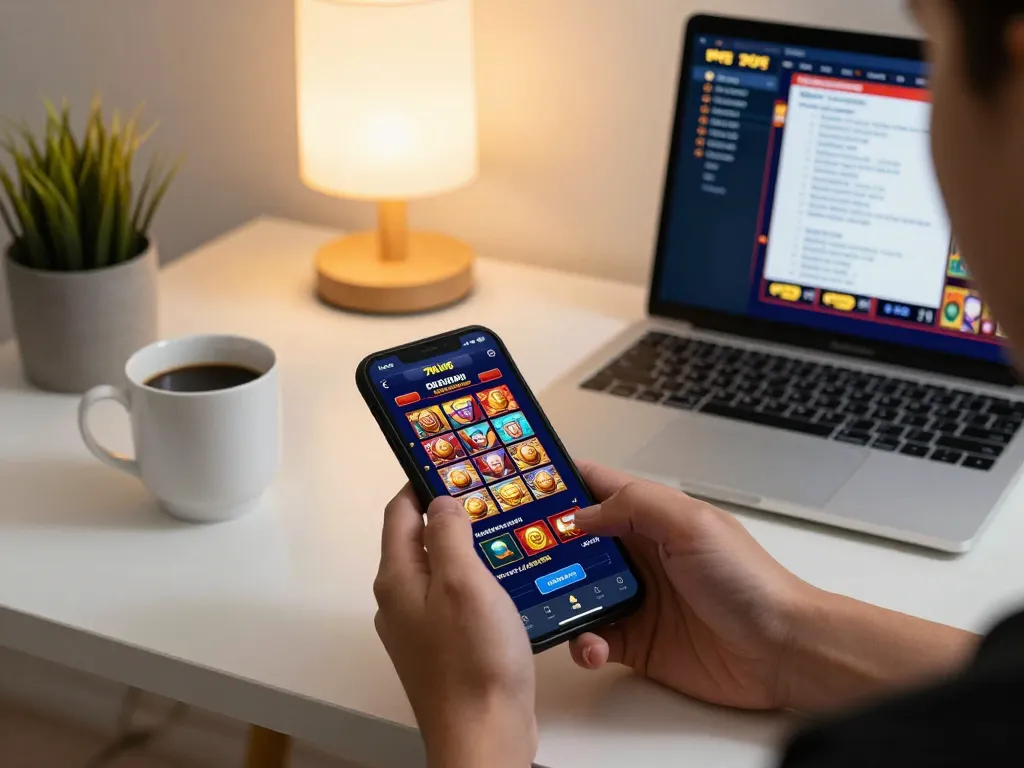 Person engaging with the 79king casino app on their smartphone, showcasing a lively online gaming atmosphere.