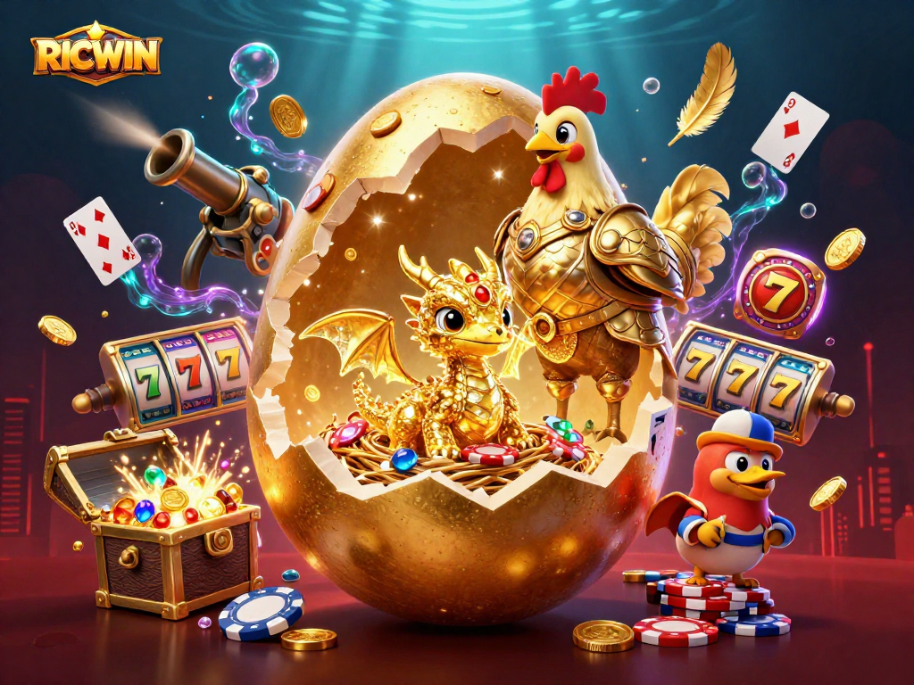 Engage with RICWIN in a vibrant 3D casino illustration featuring a golden dragon guarding poker chips.