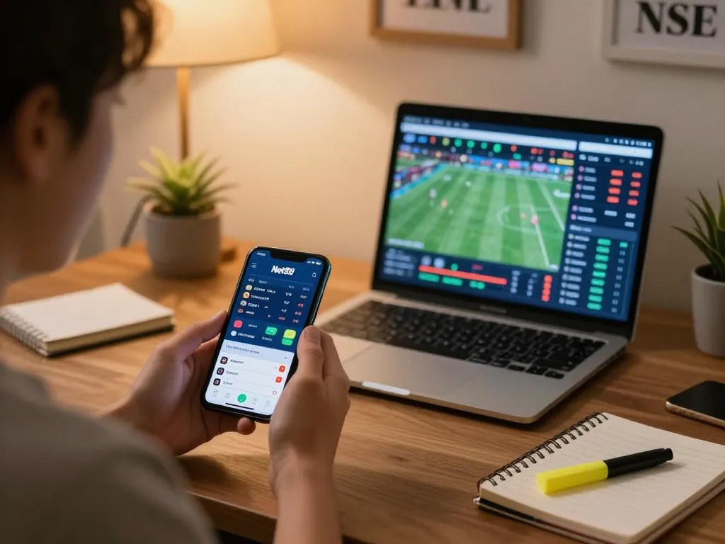 Person engaging in live sports betting on the Net88 app, showcasing real-time odds and gameplay