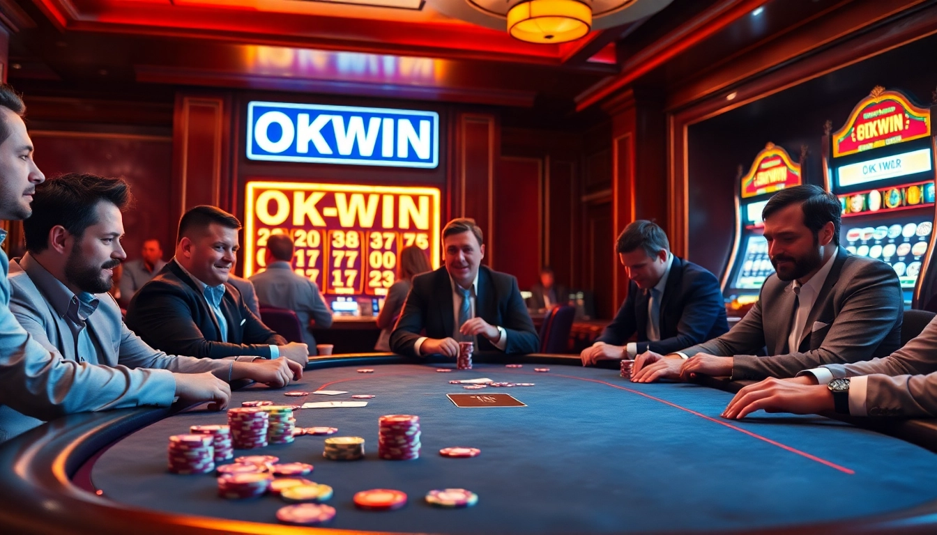 Players at an upscale casino table enjoying a thrilling game of poker, part of the exciting OKWIN experience.