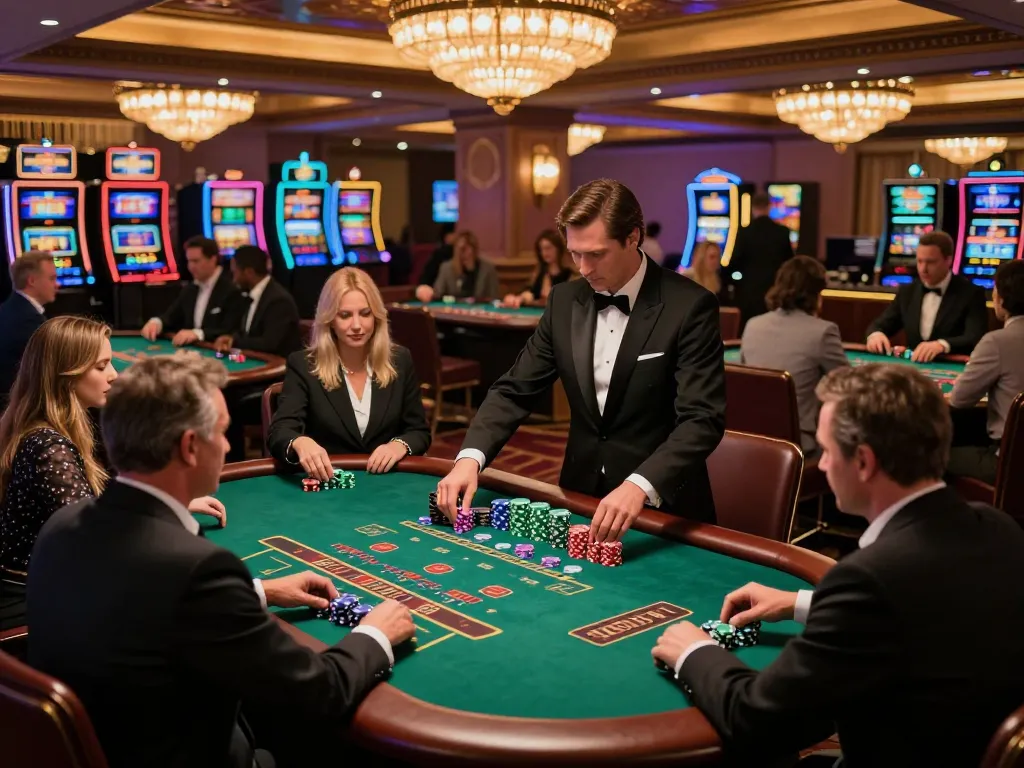 Players strategizing at a blackjack table in a luxurious casino, showcasing the thrill of 7m in gambling action.