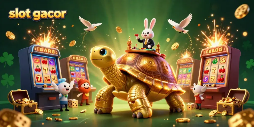 Menangkan slot gacor dengan ilustrasi 3D kera dealer dan kura-kura kasino.
