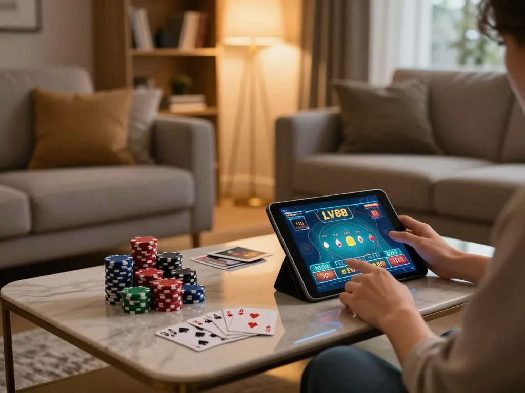 LV88 player enjoying an online casino game on a tablet in a cozy living room