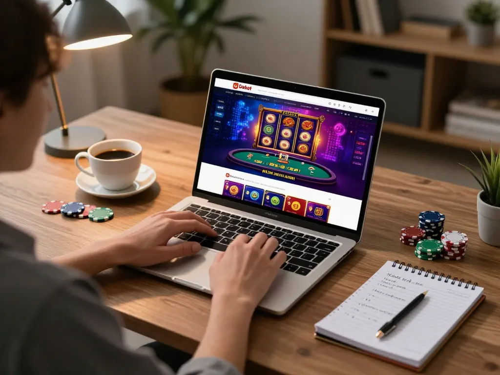 Dabet online gaming setup with player engaged in strategic betting and vibrant casino graphics.