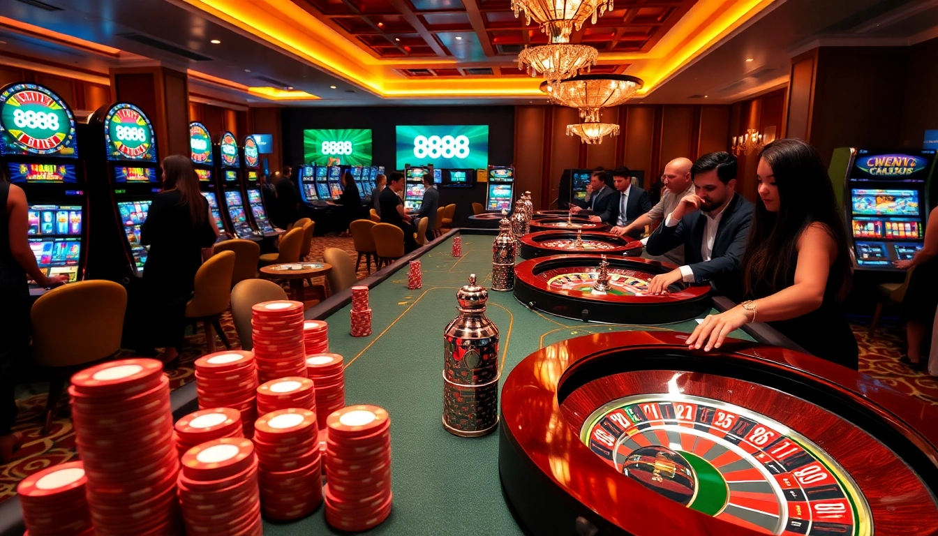 Experience the thrill of 888b gaming with poker chips cascading on a lavish casino table.
