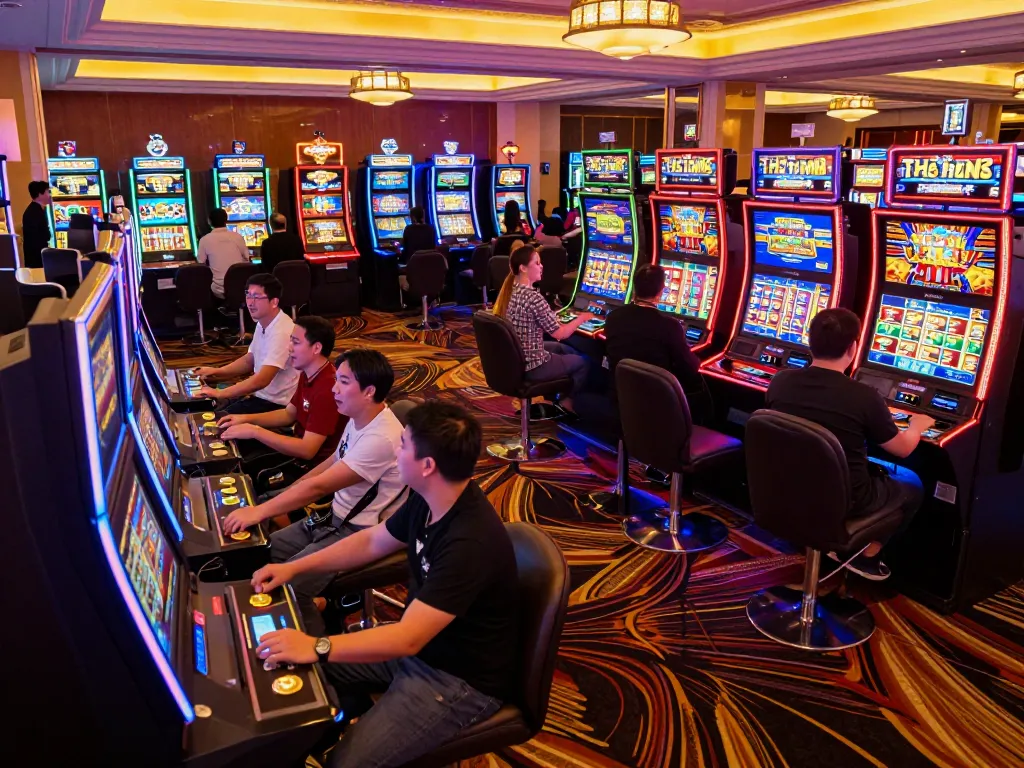 Excited players engaging with colorful slot machines at 23win casino, vibrant atmosphere.