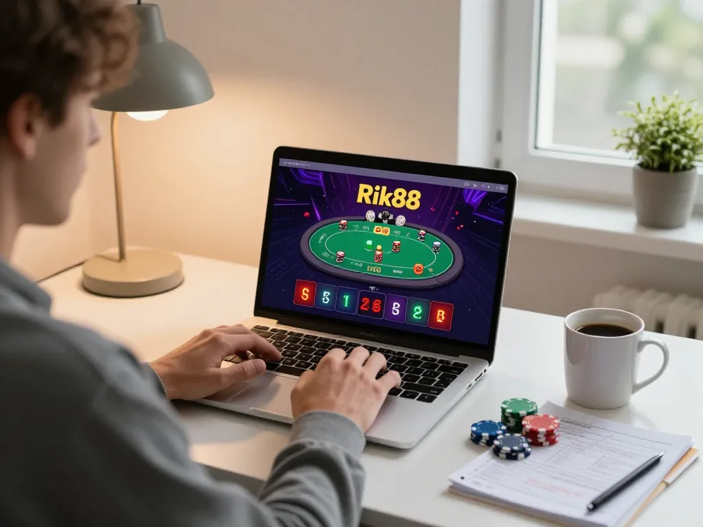 Engaged player exploring Rik88 online casino game on a laptop in a cozy home environment.
