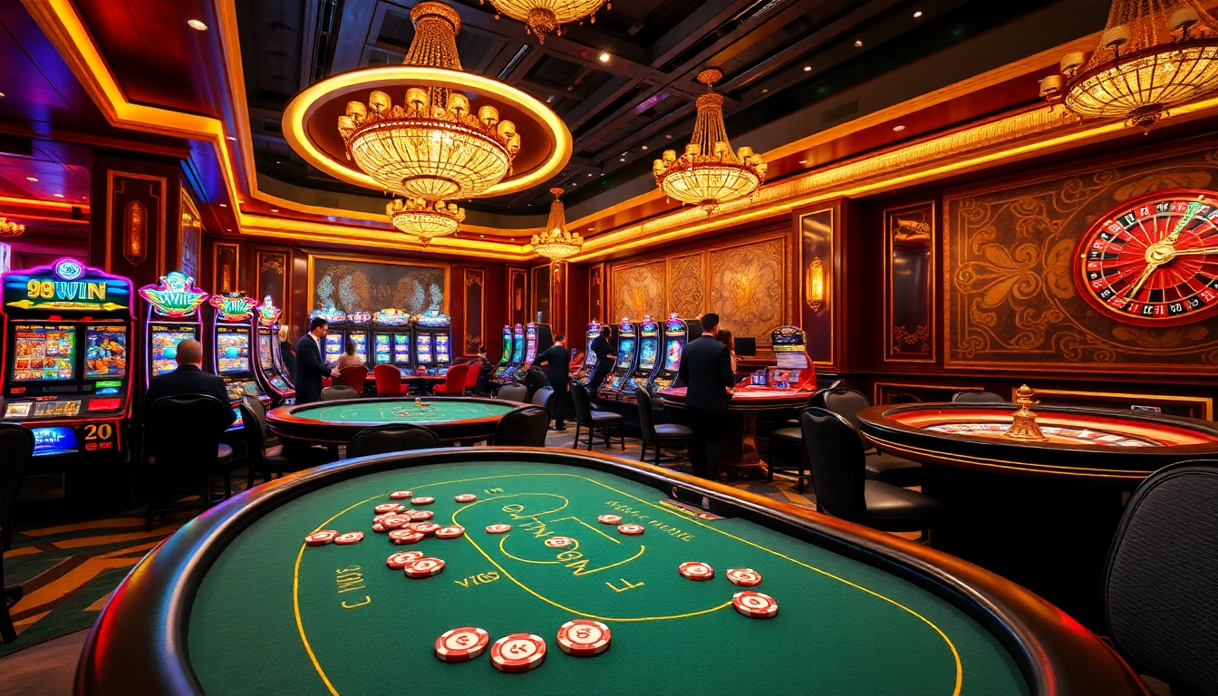 Experience the excitement of 98WIN's vibrant casino environment with lively poker tables and slot machines.