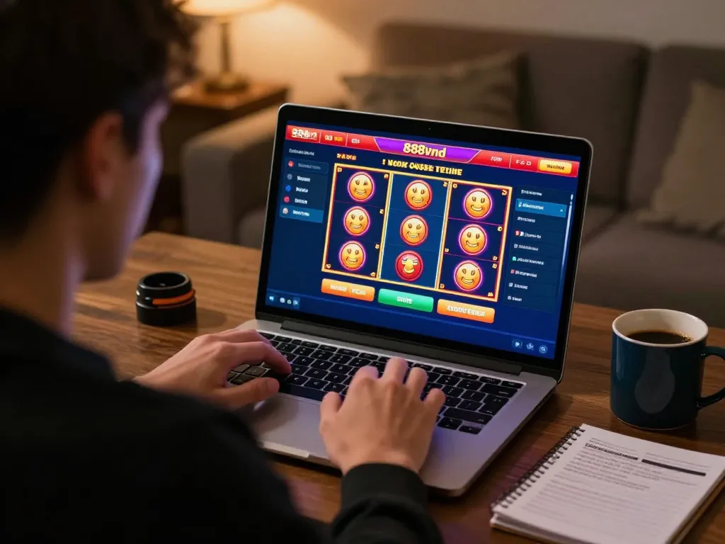 Engaging gameplay on 888vnd online casino interface with vibrant slot machines and a focused player.