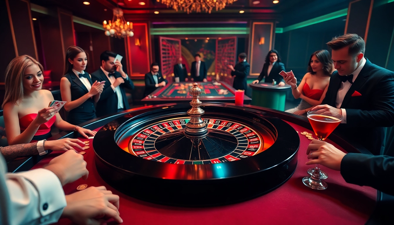 Players enjoying a thrilling game of roulette at VJ88's luxurious casino table with colorful chips.