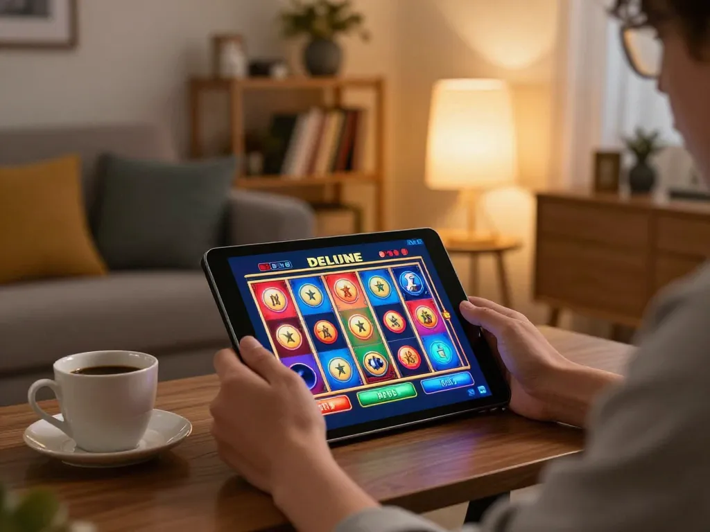 Engaging in g28-t1 online slots gameplay on a tablet in a cozy living room