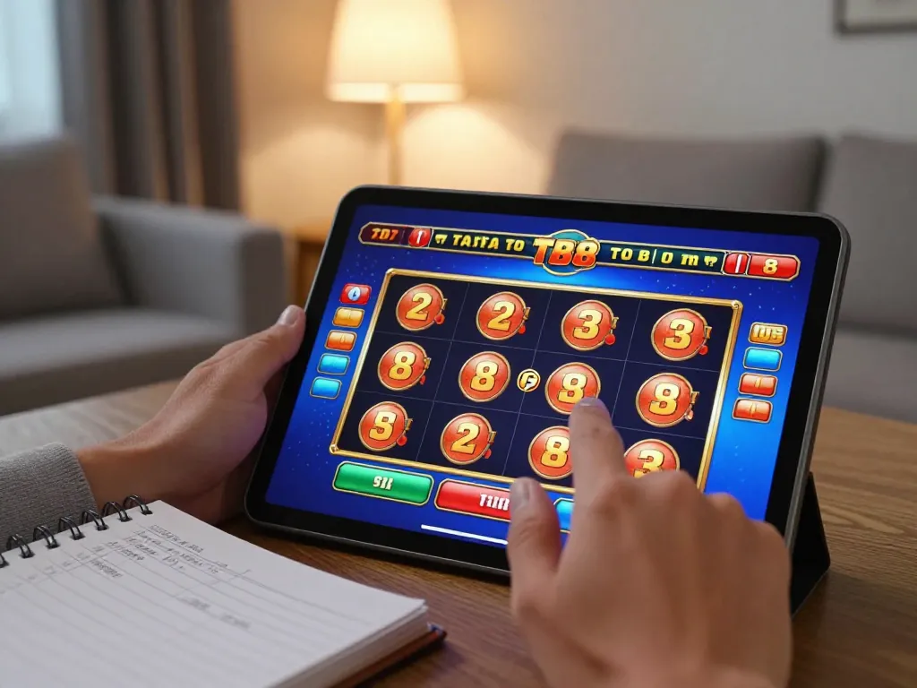 Player engaging with tg88 online slot game on tablet in a cozy setting