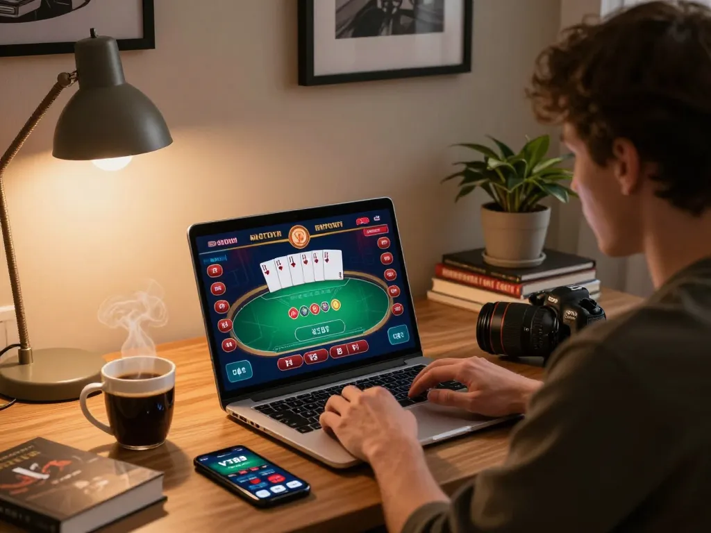 Player engaged in a winning poker game on VT88 through a laptop in a cozy home setting.