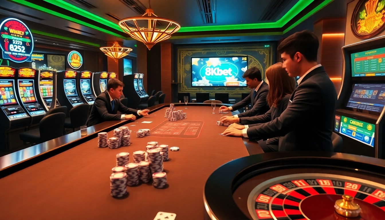 Experience the thrilling world of 8kbet with vibrant casino tables, poker chips, and exciting games in action.