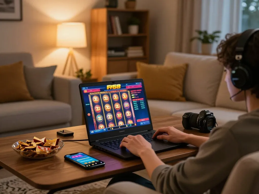 Engaging slot gameplay on F168 displayed on laptop screen in a cozy home setting.