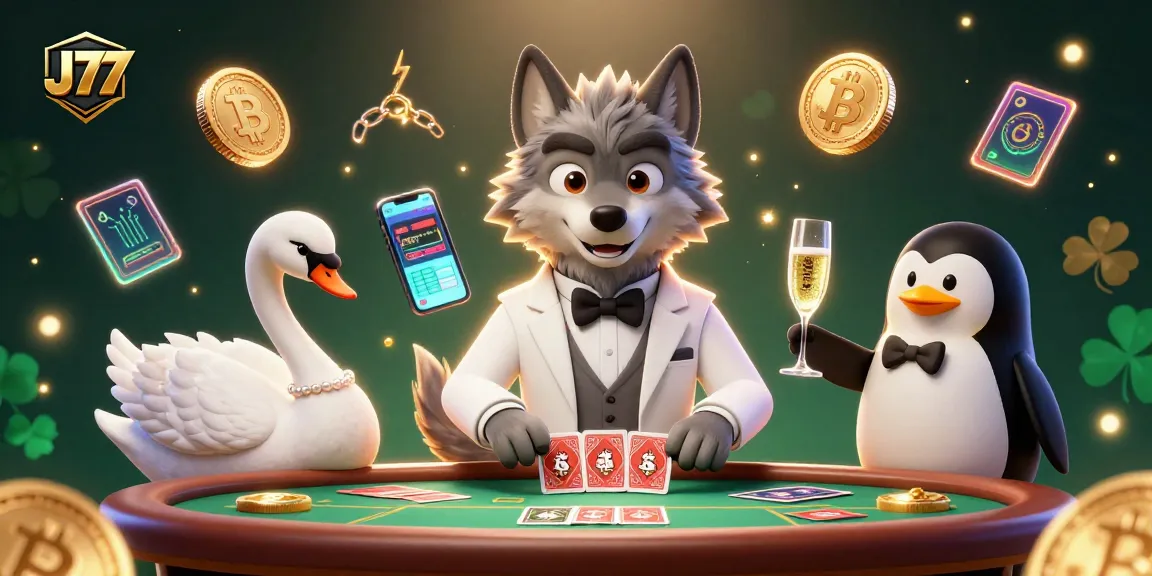 Experience thrilling J77 casino moments with a debonair wolf, elegant swan, and sophisticated penguin.