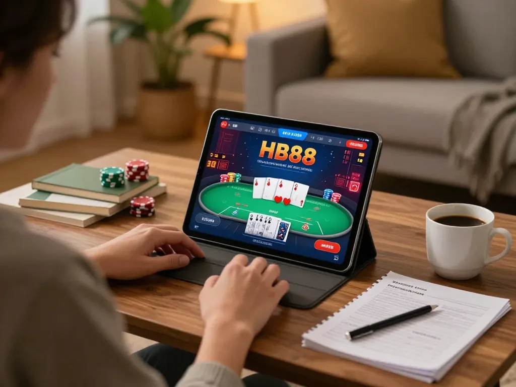 Engaged player using the HB88 app for online poker in a cozy home setup.