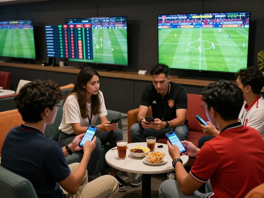 Engaged group of friends checking kèo nhà cái updates during a live football match in a modern lounge.