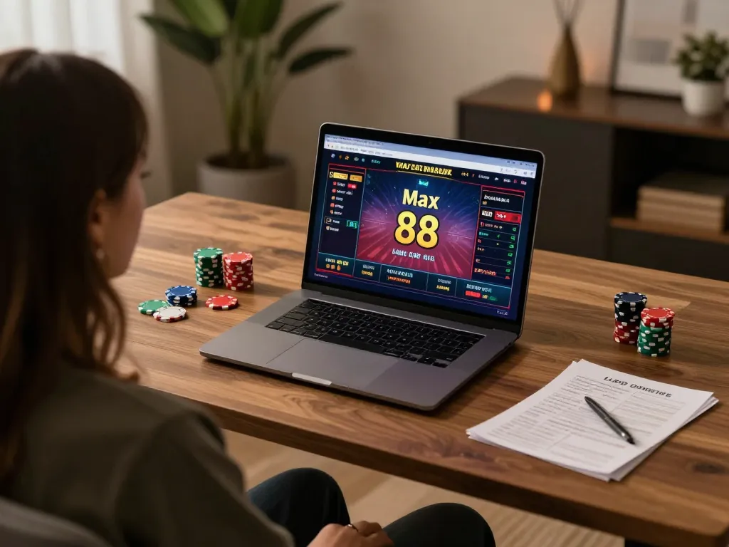 Engaging player interacting with max 88 games on a laptop, showcasing online casino experience.