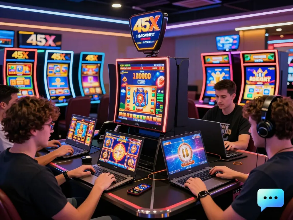 Players enjoying popular slot games on the 45X platform in a vibrant online casino environment with promotional banners.