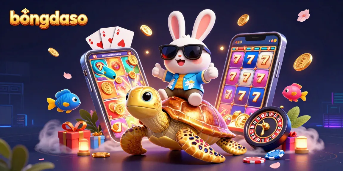 Bongdaso players enjoying thrilling slots action with cartoon rabbit and turtle amidst golden treasures.