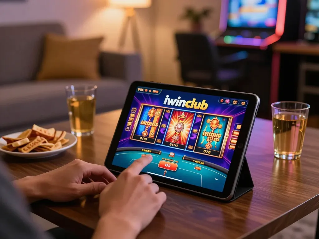 Engaging with the iwinclub mobile casino app displaying exciting gaming options in a cozy home setting.