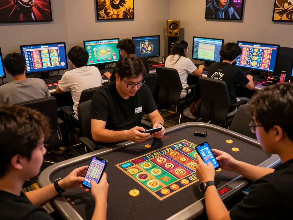 No Hu gamers celebrating wins on mobile slots, showcasing vibrant screens and social interaction.