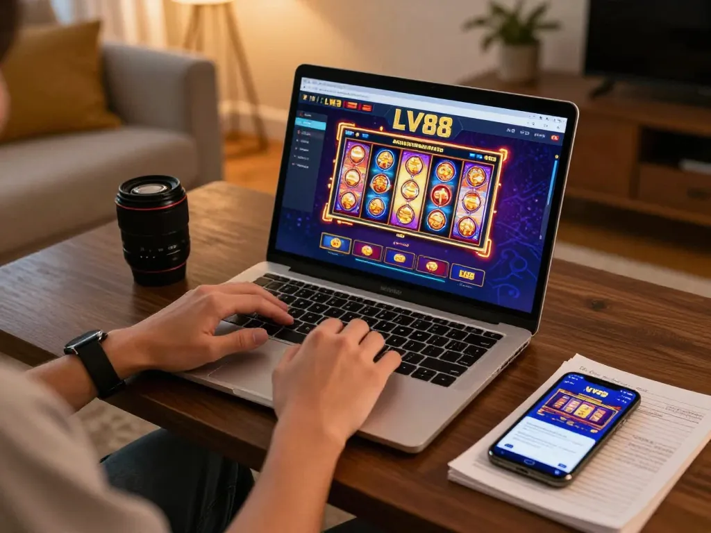 Engaging player enjoying LV88 online casino gaming setup with laptop and smartphone in cozy environment.