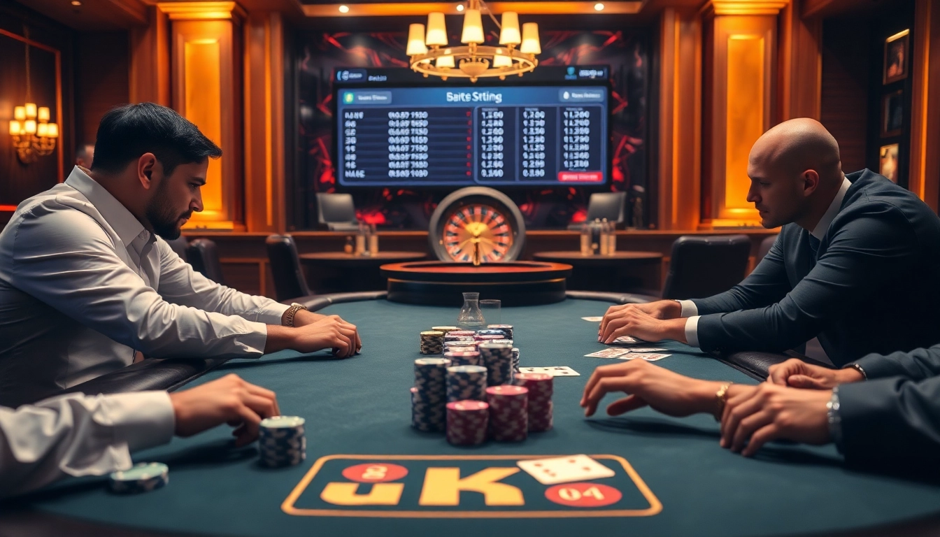 Players enjoy an exciting round of poker at the BK8 casino with vibrant chips and cards.