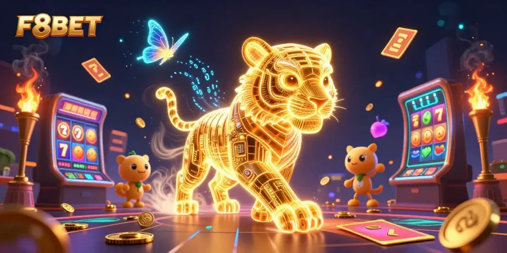 Engage with F8BET's vibrant 3D casino illustration showcasing a golden tiger amidst thrilling gaming elements.