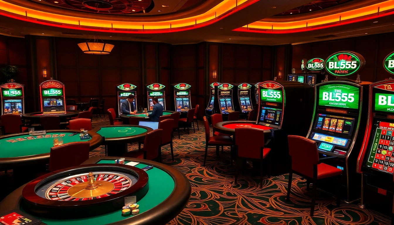 Exciting BL555 casino scene with poker tables, roulette wheels, and slot machines.