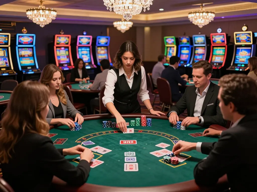 MM88 blackjack table in an upscale casino with players intensely focused and colorful slots in the background.