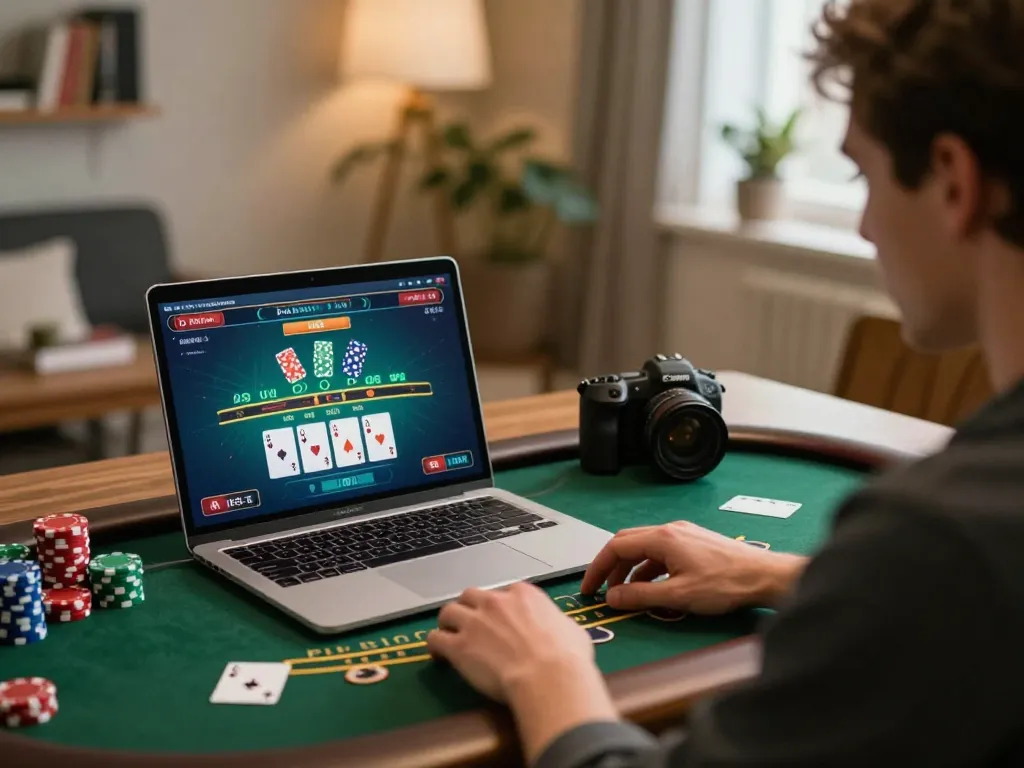 SHBET user engaging in an online blackjack game, strategizing their next move in a cozy home setup.