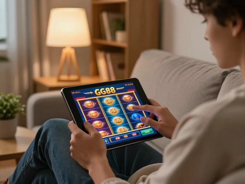 Engaging gaming session on GG88 app with vibrant slots displayed on tablet screen