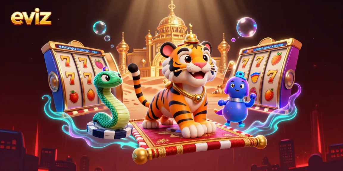 eviz showcases an immersive casino scene with a tiger sultan, vibrant slots, and rich gaming elements.
