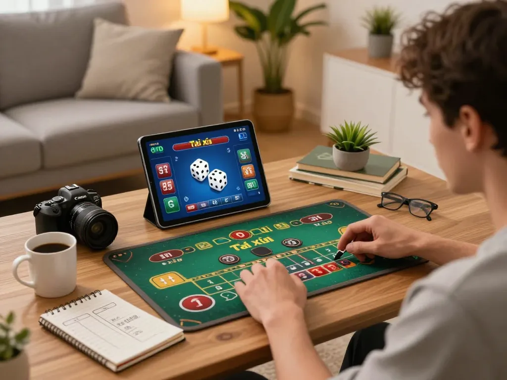 Tài xỉu online game in action on a tablet with an engaging home setup.