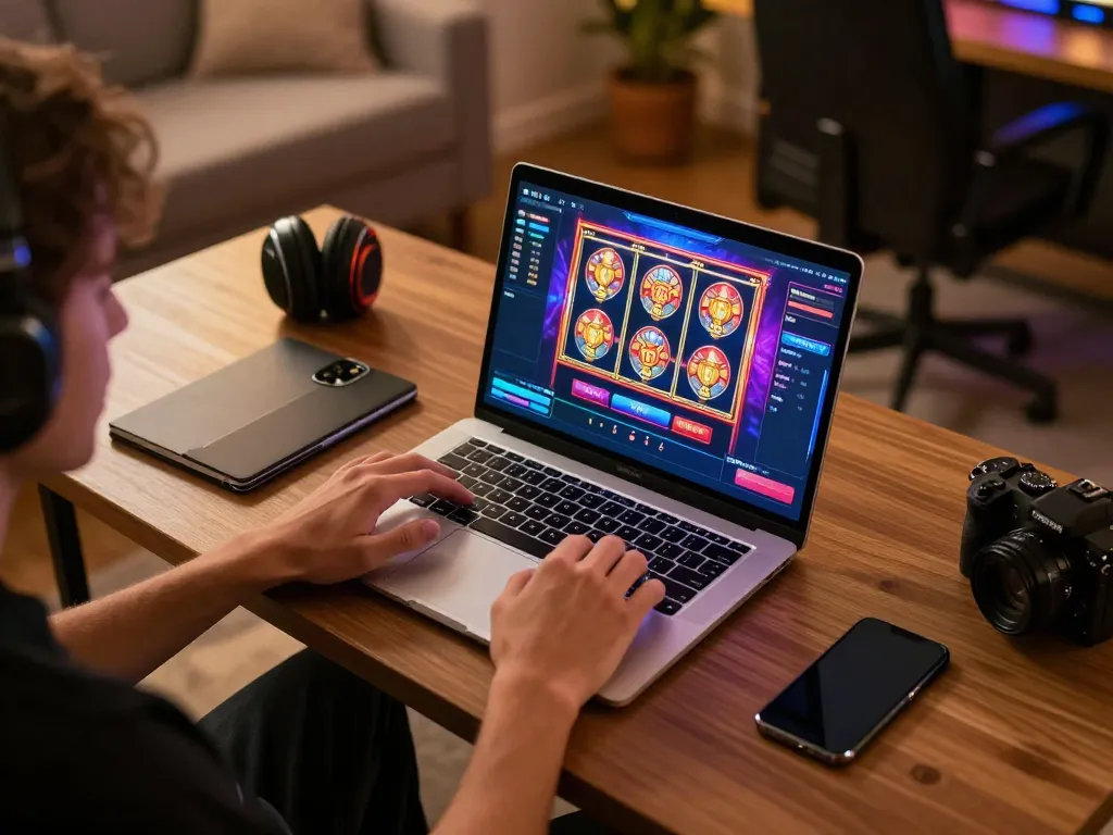 Player engaging with AE 888 online casino on a laptop, showcasing vibrant gaming interface and cozy home environment