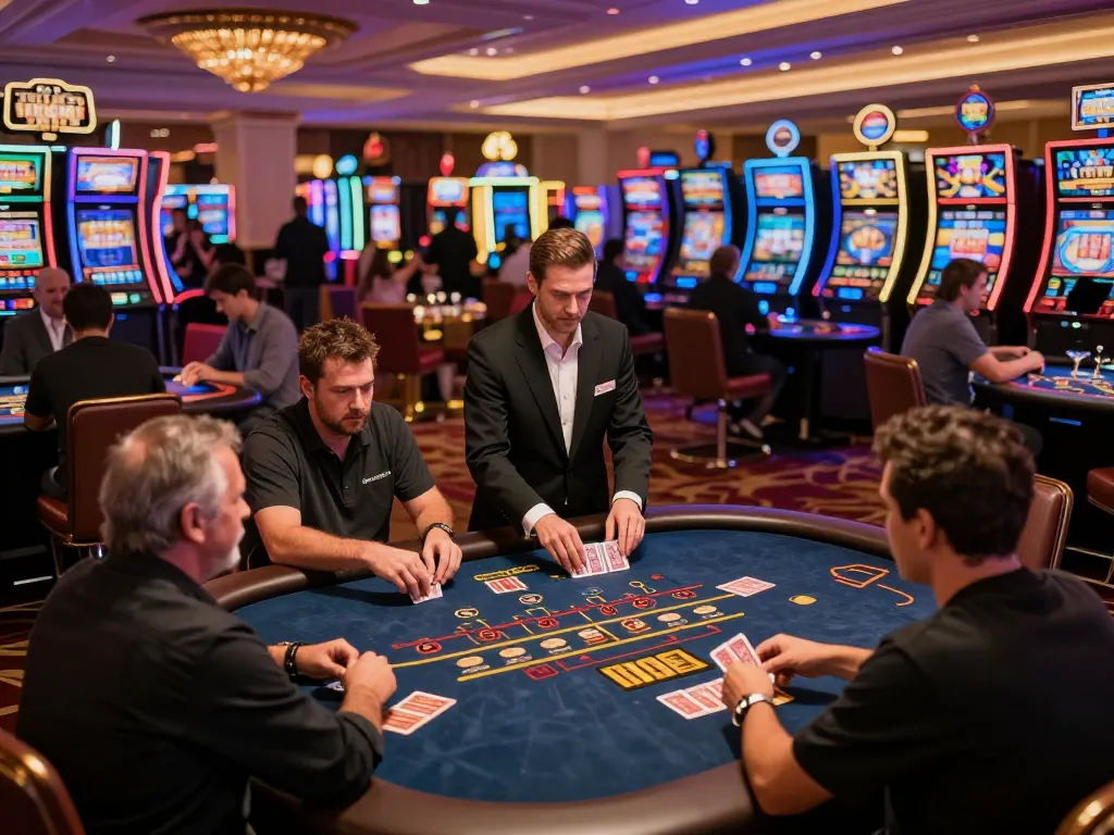 Players enjoying intense blackjack gameplay at 9bet.works, vibrant casino atmosphere filled with excitement