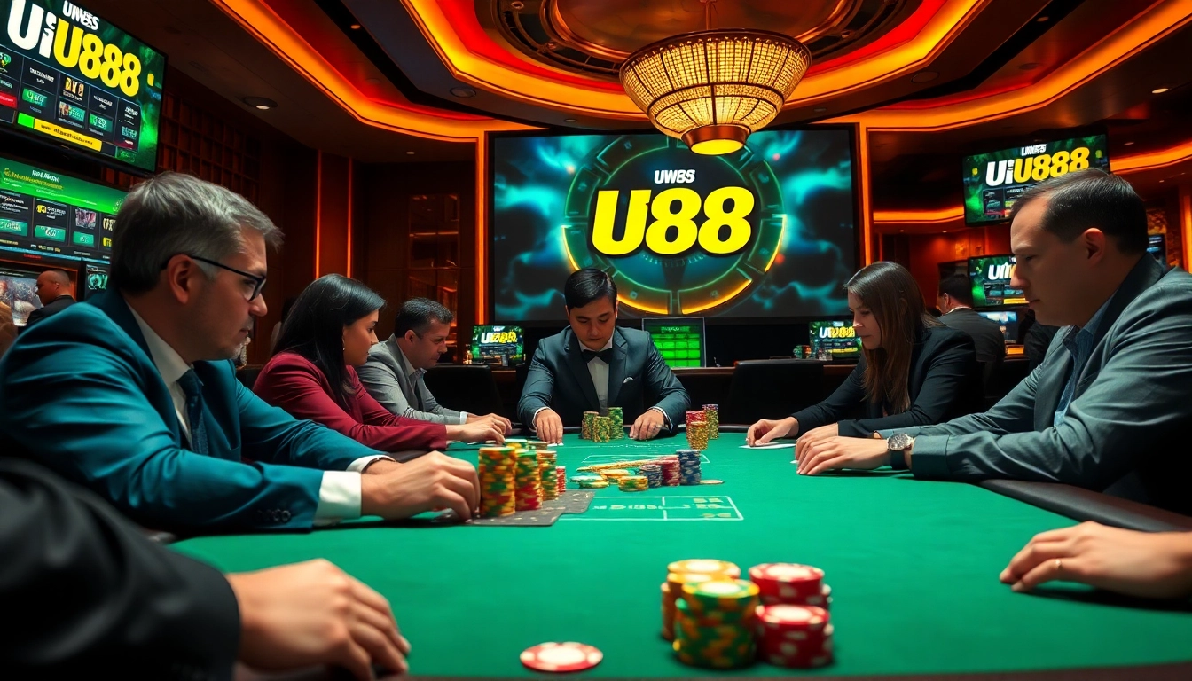 Experience the thrill of gambling at UU88, featuring poker tables and vibrant casino elements.