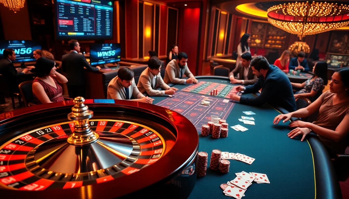 Experience the thrill of win55 with vibrant casino games, illuminated roulette wheel, and confident players.