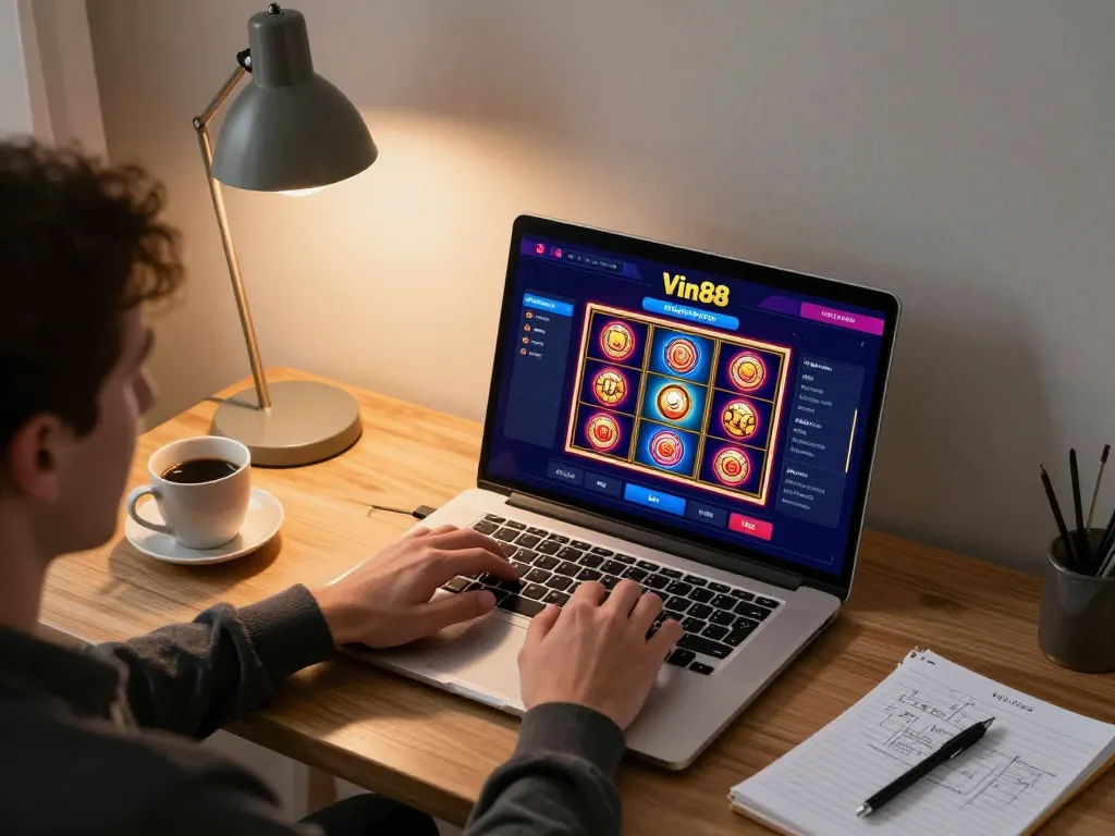 Engaging gameplay on Vin88 casino app in a modern home office setting.