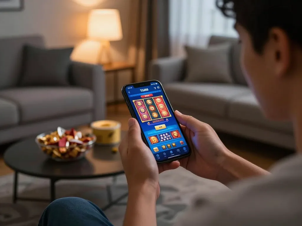 Player enjoying the TG88 app for strategic slot games in a cozy living room setting.
