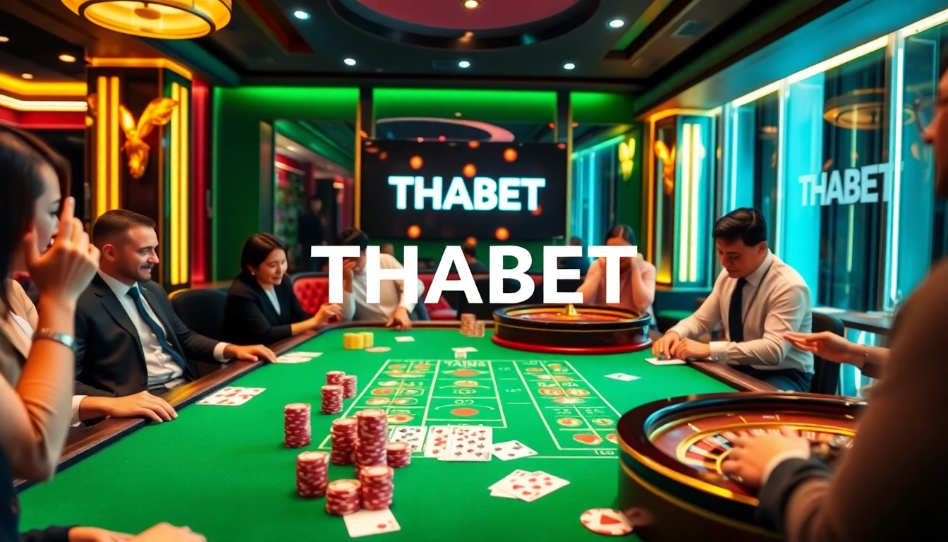 THABET casino scene showcasing players at a lively table with poker chips and roulette.