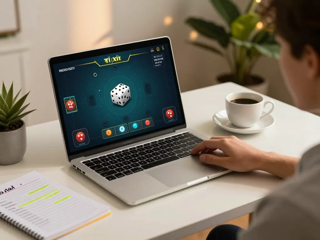 Engaging in tài xỉu online with a laptop, showcasing dice and betting options in a cozy setup.