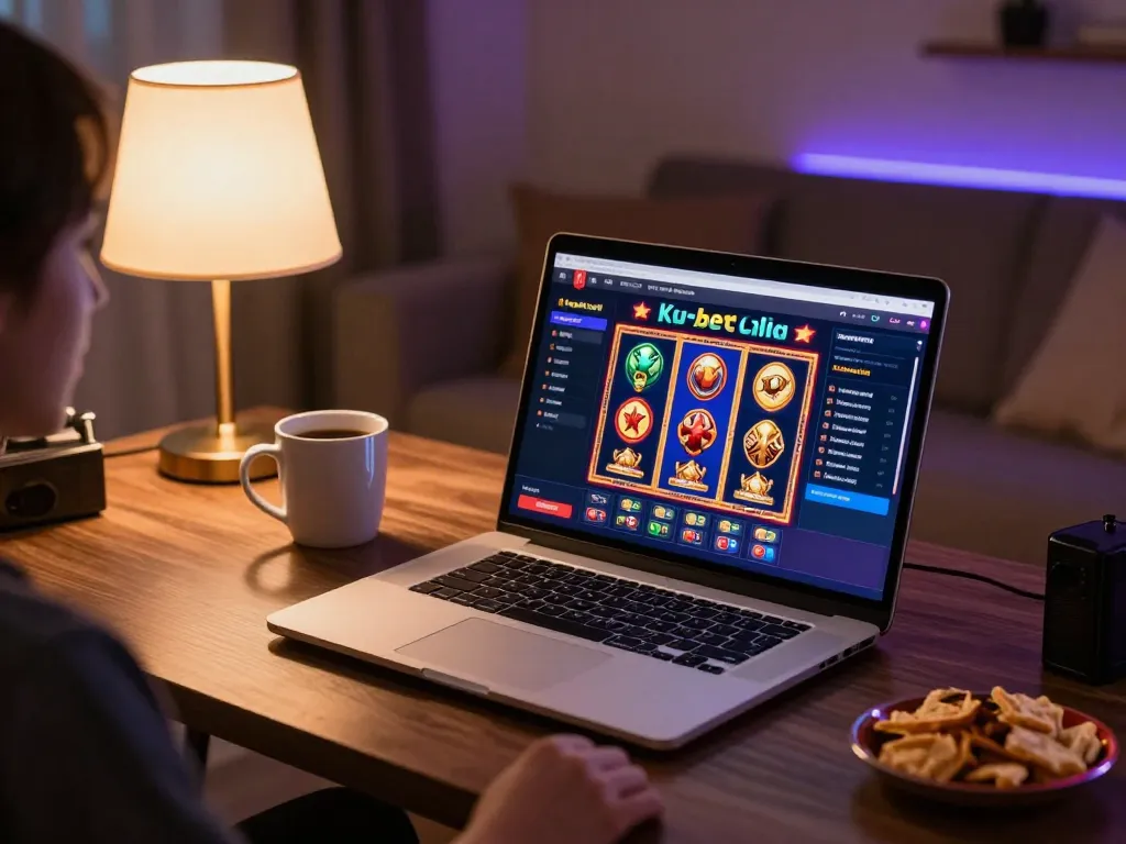 Playing ku bet casino games on a laptop in a cozy living room setting, demonstrating online gambling.