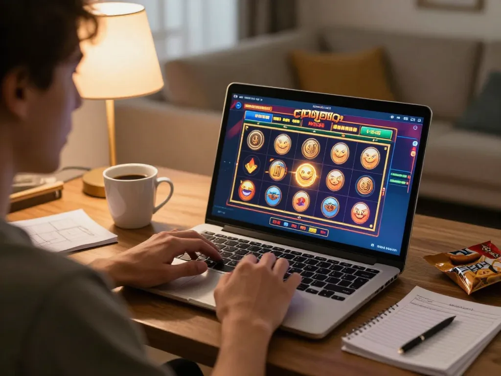 Player enjoying an online gaming session on ATQ af88, focusing on a bright slot game display in a cozy home environment.
