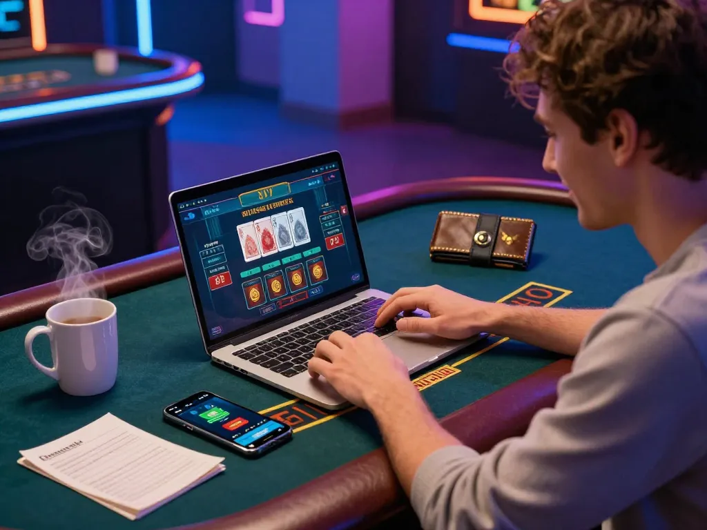 Gambler enjoying a thrilling blackjack session while managing bankroll effectively in online setup with tr88.